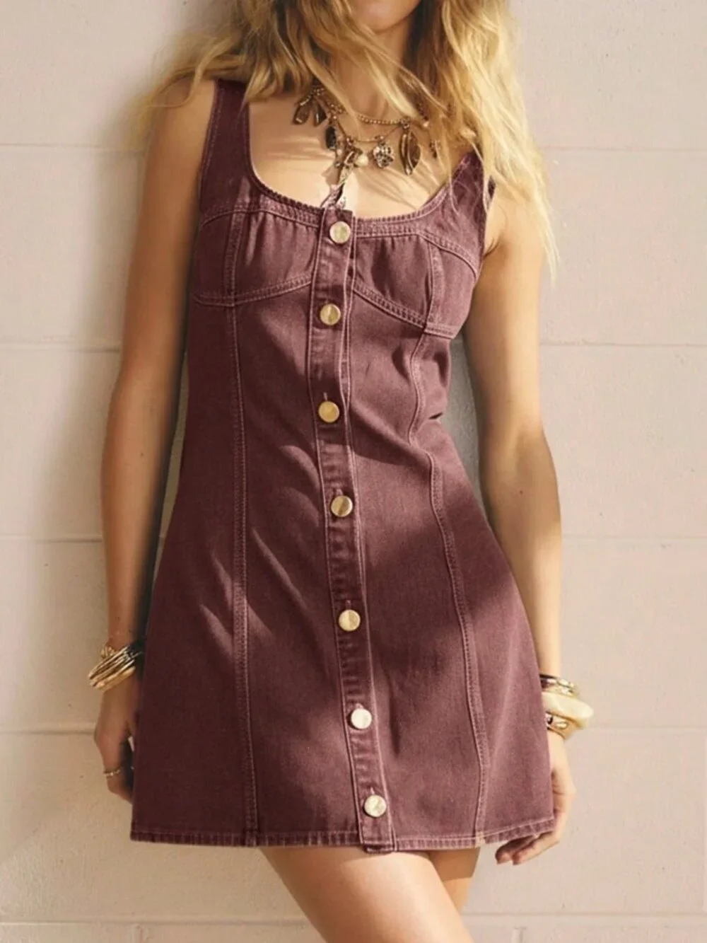Burgundy Casual Women's Button Front Bodycon Square Neck Denim MiniDress - Picture 6 of 9